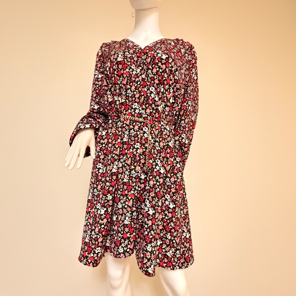NWT Michael Michael Kors Floral V-Neck Mini Dress Deep Pink Chain Belt Size XL